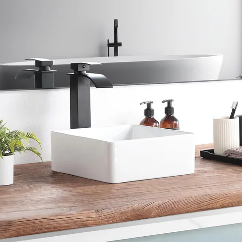 Vista 2 de Lavabo pequeño para baño tipo vasija 11.8"x11.8" pulgadas cuadrado, lavabo de baño de cerámica blanca, lavabos de baño modernos sobre encimera