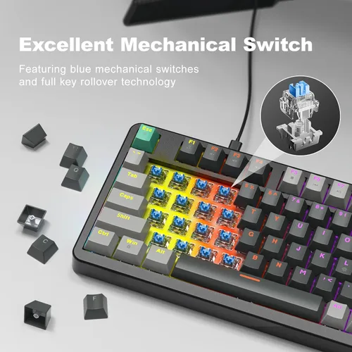 Vista 4 de GEEZER Teclado mecánico para juegos con retroiluminación LED, interruptor azul, perilla de volumen, 96 teclas, tamaño completo, compacto, USB