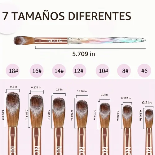 Vista 3 de Juego de cepillos de uñas de acrílico de 7 piezas, tamaño 6/8/10/12/14/16/18 pinceles acrílicos