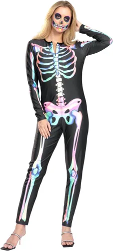 Vista 3 de Seasons Disfraz de esqueleto de Halloween para mujer, patrón colorido de doble cara, luz negra reactiva