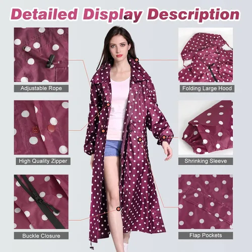 Vista 3 de Chubasqueros largos para mujer, impermeable, plegable, con capucha, rompevientos ligeros y ajustables para exteriores