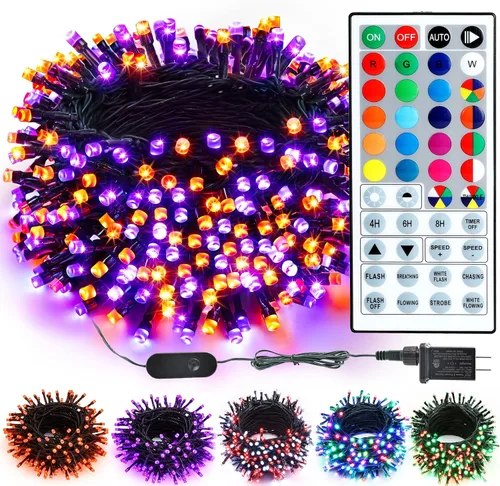 Vista 10 de ODEETRONIC - Guirnalda de luces USB para Halloween, 33 pies, 100 LED RGB remoto multicolor 40+ Colors; 490+ Lighting modes; 4/6/8H timer