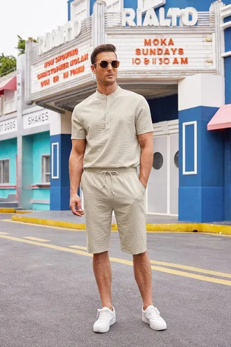 Vista 9 de COOFANDY Conjunto de 2 piezas de lino para hombre, camisas Henley casuales de manga corta, pantalones cortos de yoga para la playa, pantalones