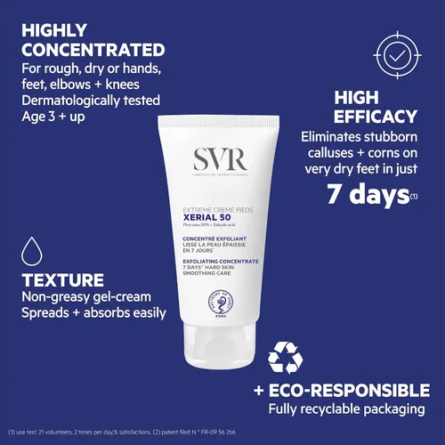 Vista 4 de SVR - Xerial 50 Extreme Foot - Crema hidratante intensa para pies con 50% de urea - Para pies, manos, codos y rodillas ásperos y secos - Ofrece