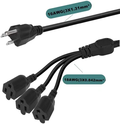 Vista 5 de Divisor de cable de extensión de 3.3 pies de 3 clavijas 1 a 3, cable de alimentación interior y exterior de 3 tomas, divisor de cable