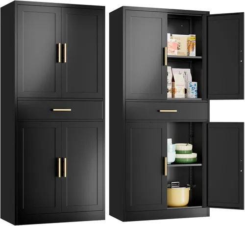 Vista 9 de Gabinete de metal para despensa de cocina, 71 pulgadas de alto x 28 pulgadas de ancho x 14 pulgadas de profundidad con 2 puertas y 4 estantes Negro
