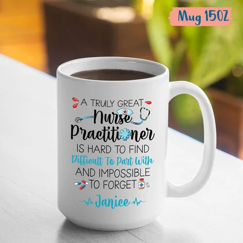 Vista 5 de Taza personalizada para enfermera practicante, 11 oz y 15 onzas, cerámica blanca, mango en C, nombre personalizado, regalo de jubilación NP