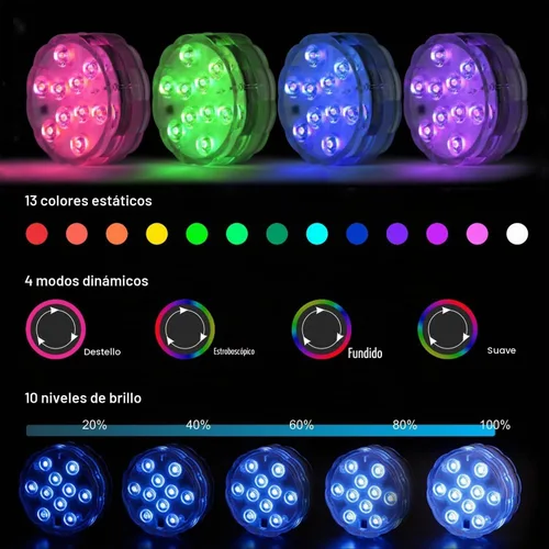 Vista 3 de Luces LED sumergibles con control remoto, 13 colores, 4 modos, funciona con pilas, luz LED subacuática para piscina enterrada y piscina sobre
