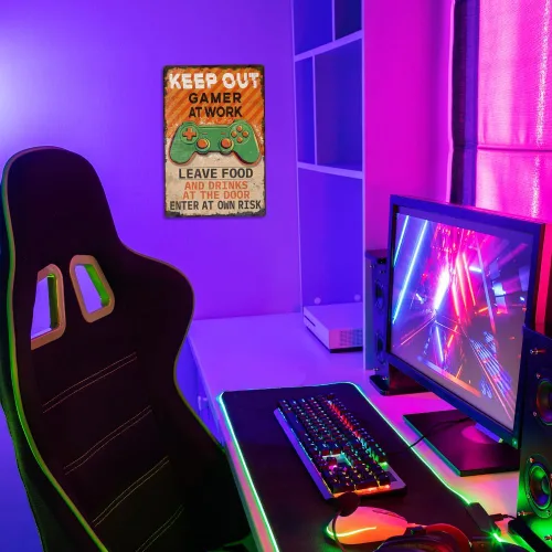 Vista 6 de Cartel de metal vintage de 8 x 12 pulgadas, letrero retro de hierro para habitación de jugadores, aspecto oxidado, mantener fuera gamer