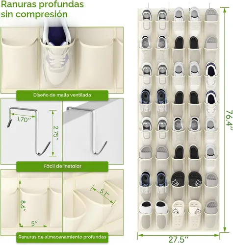 Vista 2 de Organizador de zapatos colgante sobre la puerta con 40 bolsillos grandes de malla transpirable, soporte de zapatos que ahorra espacio, estante