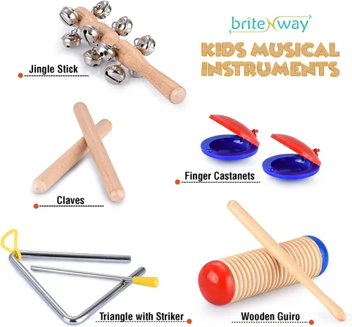 Vista 4 de Juego de instrumentos educativos y musicales para niños pequeños, 21 piezas, con pandereta, maracas, castañuelas y más, promueve las habilidades