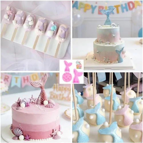 Vista 3 de Molde de silicona para tartas con temática de sirena, concha, estrella de mar, cola de sirena, molde para cupcakes para dulces, chocolate, fondant