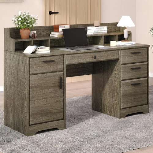 Vista 9 de Escritorio ejecutivo de 58 pulgadas con cajones de archivos, escritorio para computadora con almacenamiento, escritorio rústico con estantes