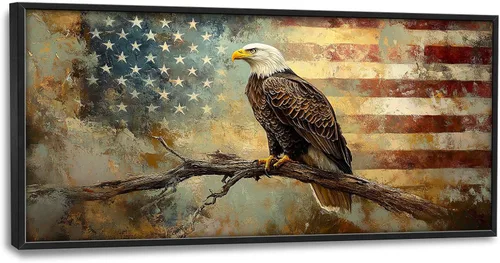 Vista 17 de Arte de pared grande de soldado para sala de estar, bandera patriótica de Estados Unidos, decoración en lienzo con marco militar, impresiones