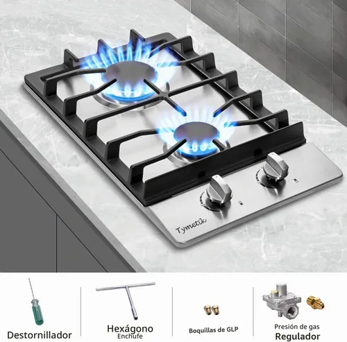 Vista 5 de Placa de cocina de gas de 12 pulgadas, estufa de 2 quemadores, estufa de acero inoxidable integrada con parte superior convertible de gas