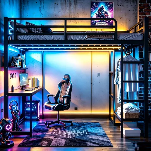 Vista 4 de Bellemave Cama loft para juegos de tamaño matrimonial con escritorio en forma de L, bandeja de computadora, tablero de clavijas y puertos USB, marco
