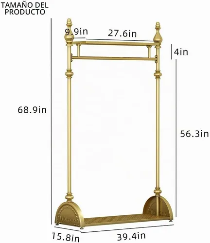 Vista 6 de Perchero de ropa dorado, perchero industrial para colgar ropa con estantes dobles independiente, multifuncional, resistente, perchero de metal móvil