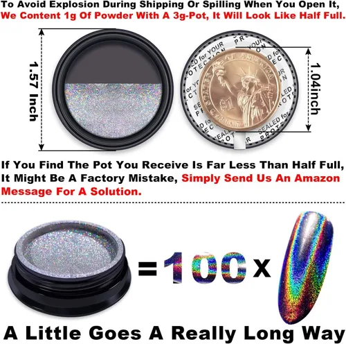 Vista 3 de GA&EN Polvo holográfico de esmalte de uñas fino arco iris holográfico Holo unicornio espejo efecto láser, pigmento de manicura multicromado, polvo