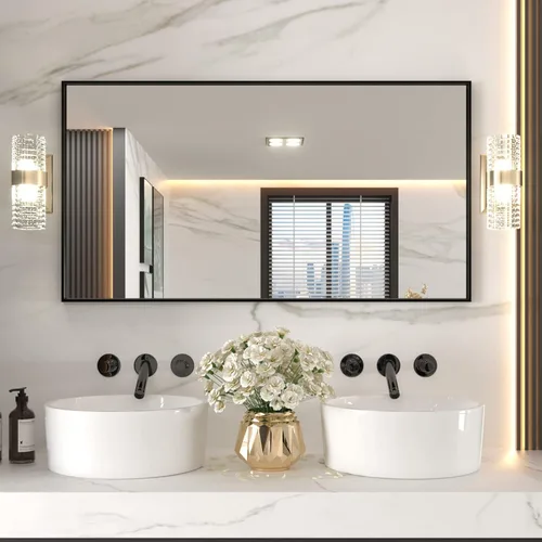 Vista 31 de LOAAO Espejo de Baño de Pared Rectangular Negro de 20"X30", Marco de Aleación de Aluminio Negro Mate, Vidrio Templado, se Cuelga Vertical u