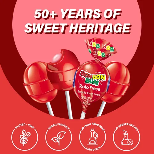 Vista 6 de Colombina Bon Bon Bum - Paletas de fresa, caramelos duros de frutas, paletas de fresa dulces envueltas individualmente, 24