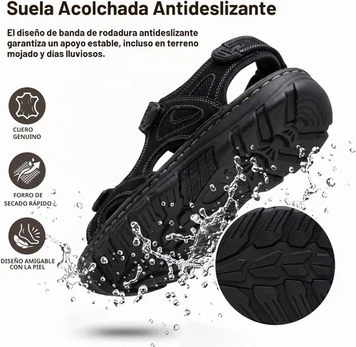 Vista 4 de Jousen Men's Leather Hiking Sandals with Arch Support Sandalia Playa Casual 662-negro