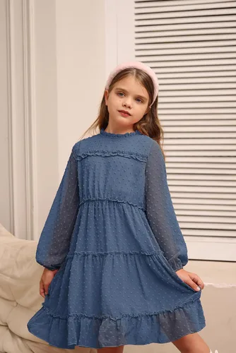 Vista 5 de GRACE KARIN Vestido escalonado con volantes para niñas, vestido acampanado de manga larga con lunares suizos, 6-12 años