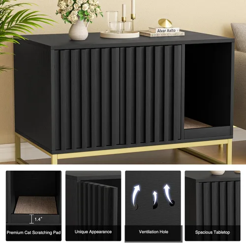Vista 6 de Halitaa Caja de Arena para Gatos, Mueble Moderno de Caja de Arena para Gatos Caja de Arena Oculta con Almohadilla para Rascar, Mesa Auxiliar Casa
