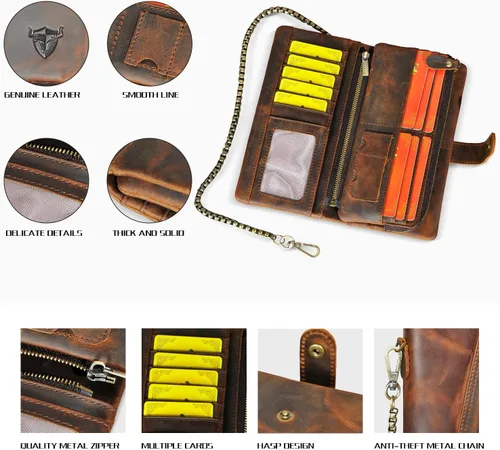 Vista 4 de Genuino Caballo Loco De Cuero De Viaje De Regalo De La Moneda De La Tarjeta De Bolsillo De La Caja Larga Organizador Cadena Rfid Monedero Con Snap