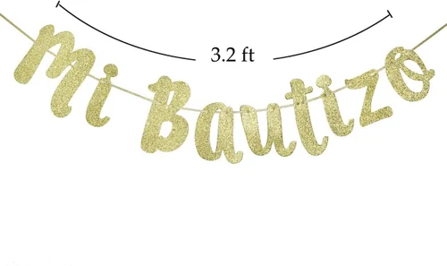 Vista 2 de Pancarta de banderines con purpurina de “Mi Bautizo”, para decoración de bautizo, primera comunión (dorado)