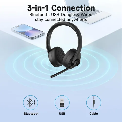 Vista 2 de AOC Wireless Headset with Mic for Work, Bluetooth 5.4 Computer Headphones. with USB-A Dongle, Clear Call Mic, 30H Battery, One-Touch Mute, Great