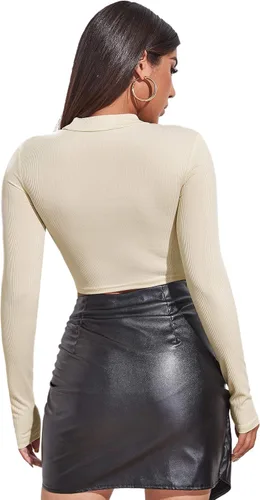 Vista 2 de SheIn Camiseta de manga larga para mujer con corte frontal y cuello alto falso básico