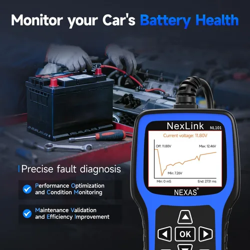 Vista 6 de NEXAS Escáner NL101 OBD2 con Probador de Batería - Lector de Códigos del Motor, Escáner de Diagnóstico Automotriz con Datos en Vivo, Freeze Frame