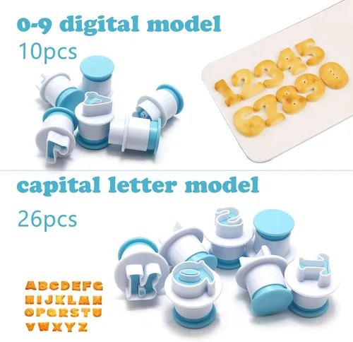 Vista 2 de Juego de 26 piezas de sellos para galletas con impresión, cortadores de galletas con letras del alfabeto, molde para galletas y bizcochos