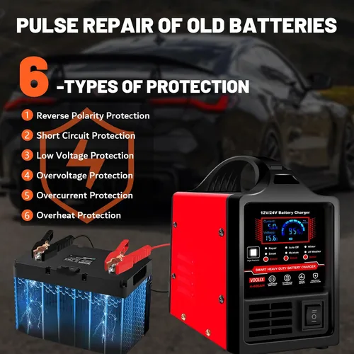Vista 4 de Voolex Cargador de batería para auto 12V 24V portátil, cargador automotriz de goteo, mantenedor de batería para AGM, coche, camión, motocicleta, RV
