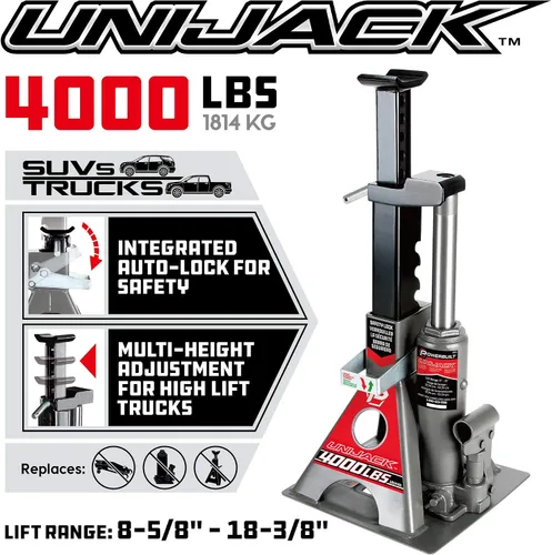 Vista 2 de Powerbuilt Jack hidráulico de botella UniJack de 2 toneladas combinado/soporte en 1 unidad, compacto, portátil, base ancha, para sedanes Unibody