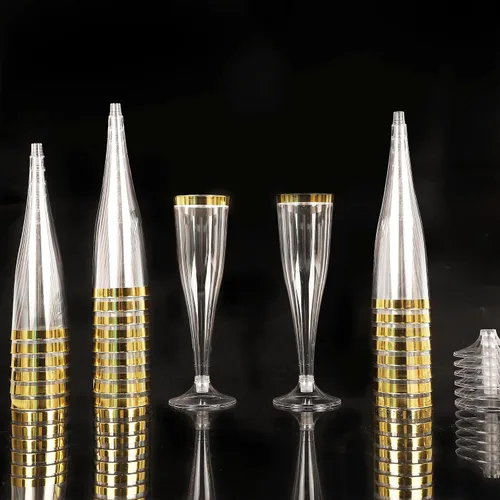 Vista 3 de Zcaukya 100 copas de champán de plástico, 4.5 onzas, vasos duros desechables transparentes con borde dorado, copas de champán de plástico