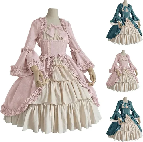 Vista 2 de LEHOZIHEQ Vestido de Lolita para mujer, vestido gótico steampunk rosa, vestido rococó para niñas, vestido victoriano, vestido de baile