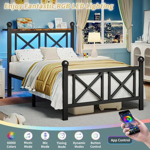 Vista 3 de DynJest Base de cama negra de tamaño individual con luces LED, cama de metal resistente con cabecera y piecero, estante de almacenamiento con Negro