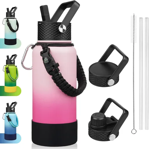 Vista 27 de BJPKPK - Botella de agua con tapa de popote, botellas de agua aisladas de 18 onzas con 3 tapas, asa de cuerda de paracaídas y base antideslizante