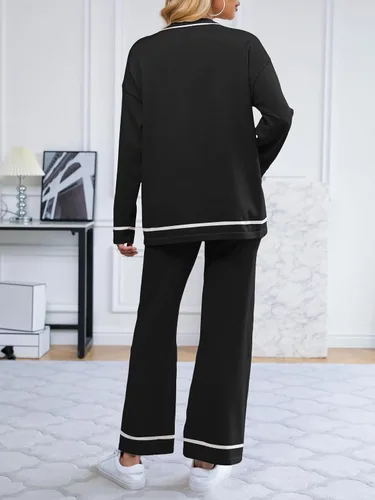 Vista 2 de I2CRAZY Conjunto de suéter para mujer, 2 piezas, manga larga, cuello redondo, cintura alta, pierna ancha, conjuntos de ropa de descanso
