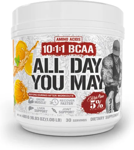 Vista 10 de 5% Nutrition Rich Piana AllDayYouMay BCAA Powder Aminoácidos prémium para intra y después del entrenamiento, EAA, electrolitos Hidratación