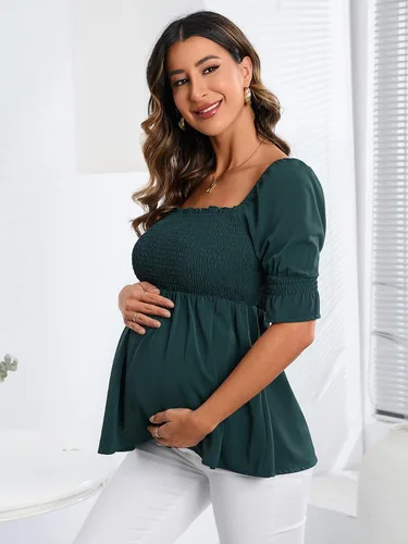 Vista 3 de WDIRARA Blusa de maternidad de manga corta con volantes y dobladillo fruncido para mujer