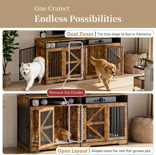 Vista 3 de Donox Mueble de jaula para perros para 1 o 2 perros, doble perrera con divisor extraíble y puertas dobles, mesa consola de madera resistente