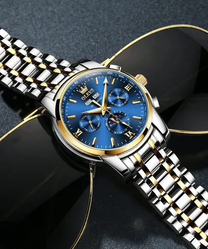 Vista 9 de OLEVS Watch Men Automatic Self Winding Watches for Men Stainless Steel Mechanical Diver Large Dial Skeleton Classic Waterproof Diamond Date Men's