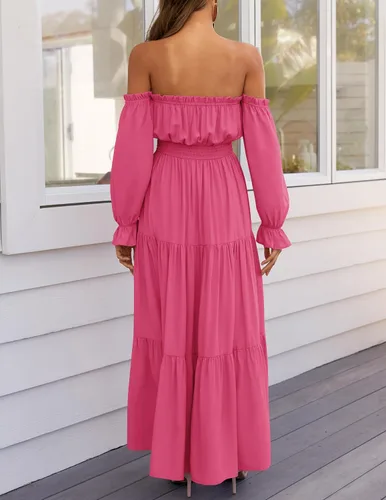 Vista 4 de ZESICA - Vestido largo, bohemio y sexy, con hombros descubiertos y manga larga fruncida, con elástico fruncido, cintura alta y abertura lateral