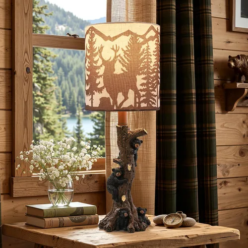 Vista 8 de LOKHOM Lámpara de mesa rústica con oso de escalada para dormitorio, lámpara de mesa de noche pequeña de 19 pulgadas con pantalla de bosque de osos