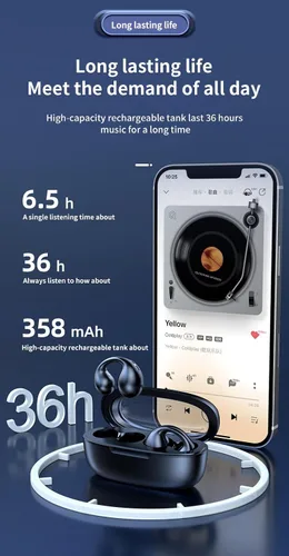 Vista 4 de Auriculares Bluetooth con clip de oreja abierto, Bluetooth 5.3, micrófono integrado, 36 horas de reproducción, conducción ósea, auriculares