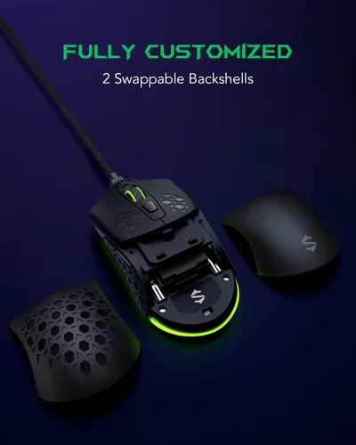 Vista 4 de Black Shark Mouse inalámbrico para juegos, mouse de computadora con cable de doble modo con 10000 DPI, panal reemplazablecarcasa sólida, 6 botones