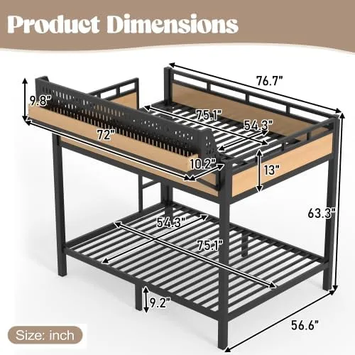 Vista 2 de Bellemave Litera de tamaño matrimonial con estantes de almacenamiento y tablero de clavijas, marco de cama de metal con puertos USB y luces LED