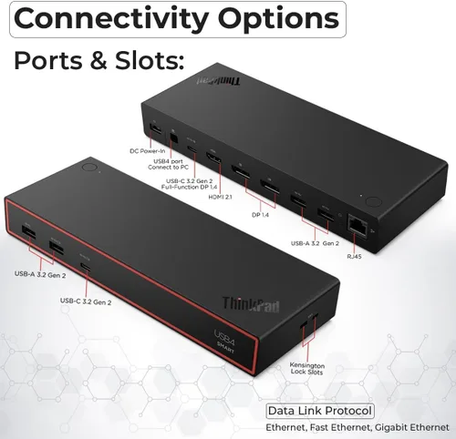 Vista 4 de Lenovo 40BF0100US USB4 Docking Station for Laptops with 100W Adapter, HDMI, DisplayPort, USB C Cables & Cloth - Docking Station